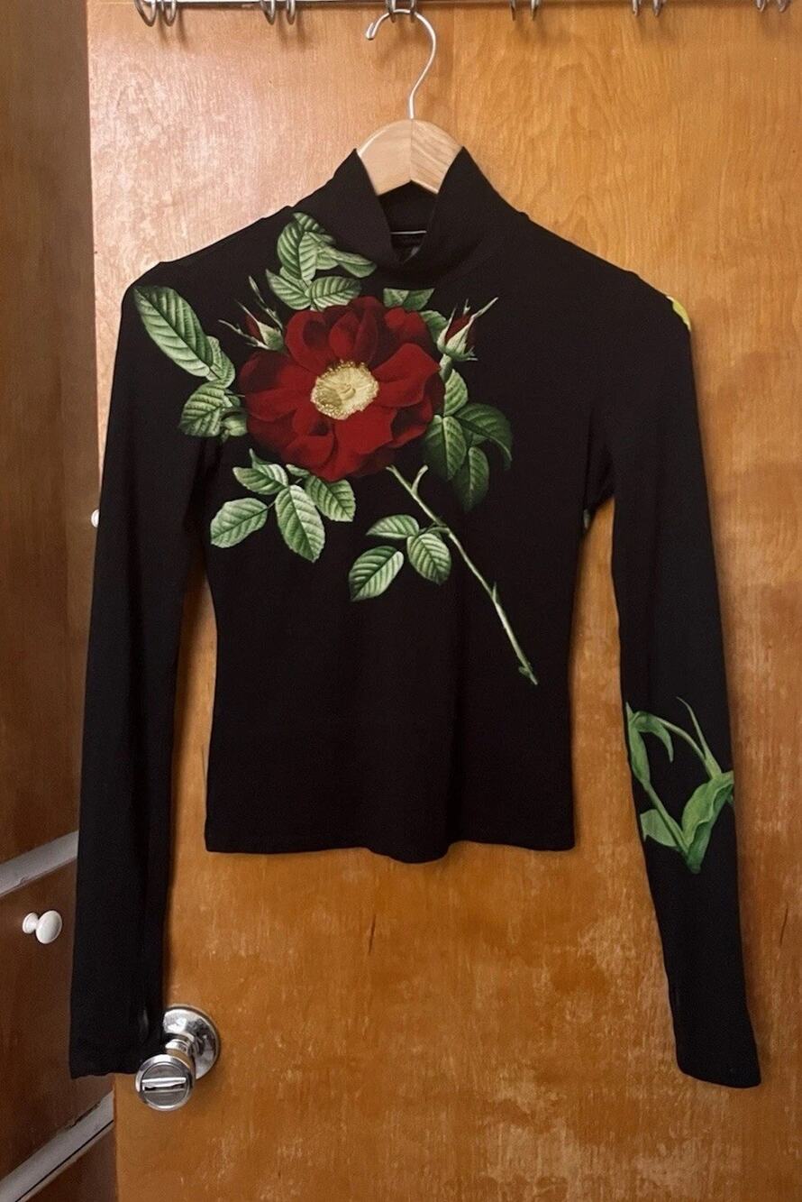 Alice + Olivia Delaina Long Sleeve Turtleneck Top Atrium Floral Sz XS Black READ
